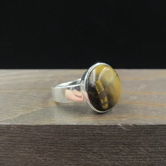 Size 7 Sterling Silver Round Tiger's Eye Stone Band Ring Vintage - Picture 3 of 8